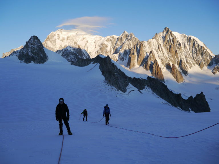 Enroute to Aig. ou Dent du Geant with Mont Blanc in the background