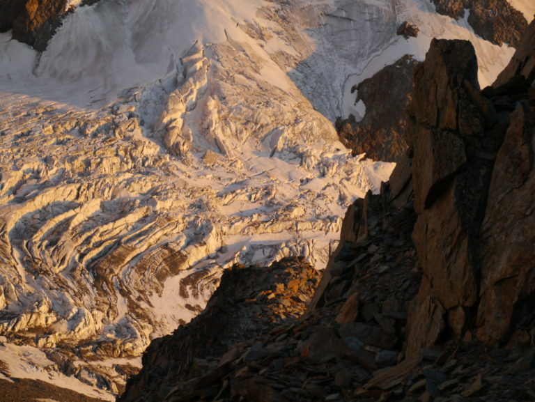 Sunset on glaciers at de Tet Rousse Refuge Mont Blanc Chamonix