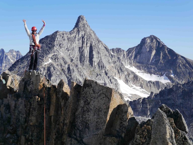 Heather on East Post Spire Bugaboos