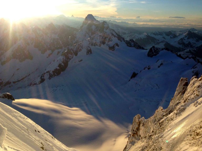 Morning sun on the Dent to Geant and the peak far off in Switzerland