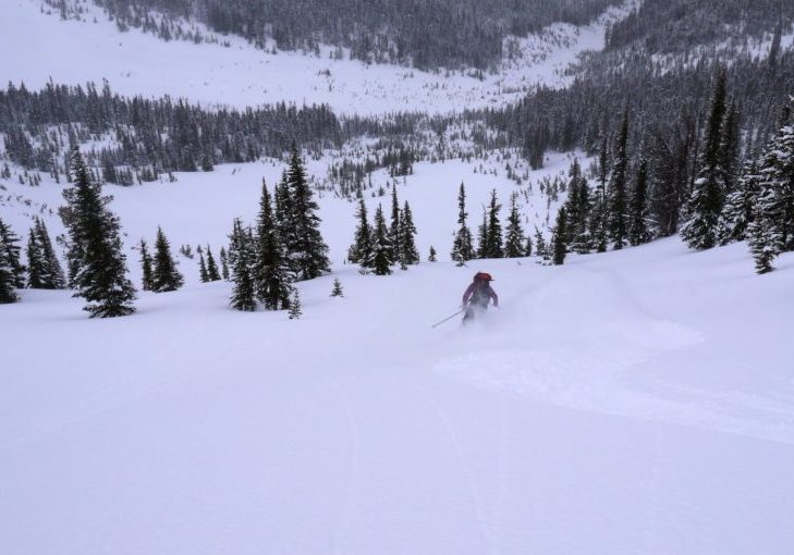 Christy dropping in off the Vantage shoulder.  Anniversary Glacier run out below